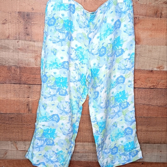 J.Jill 100% Linen Pull On Blue Green White Floral Crop Pants Size Large - Picture 1 of 6